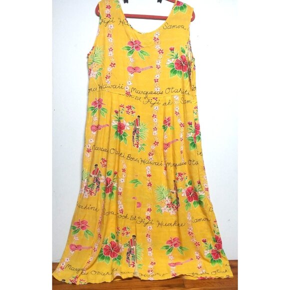 Jams World Janice Dress Long Maxi XXL Hawaiian Tropical Toile Pockets Yellow HTF - Picture 5 of 15